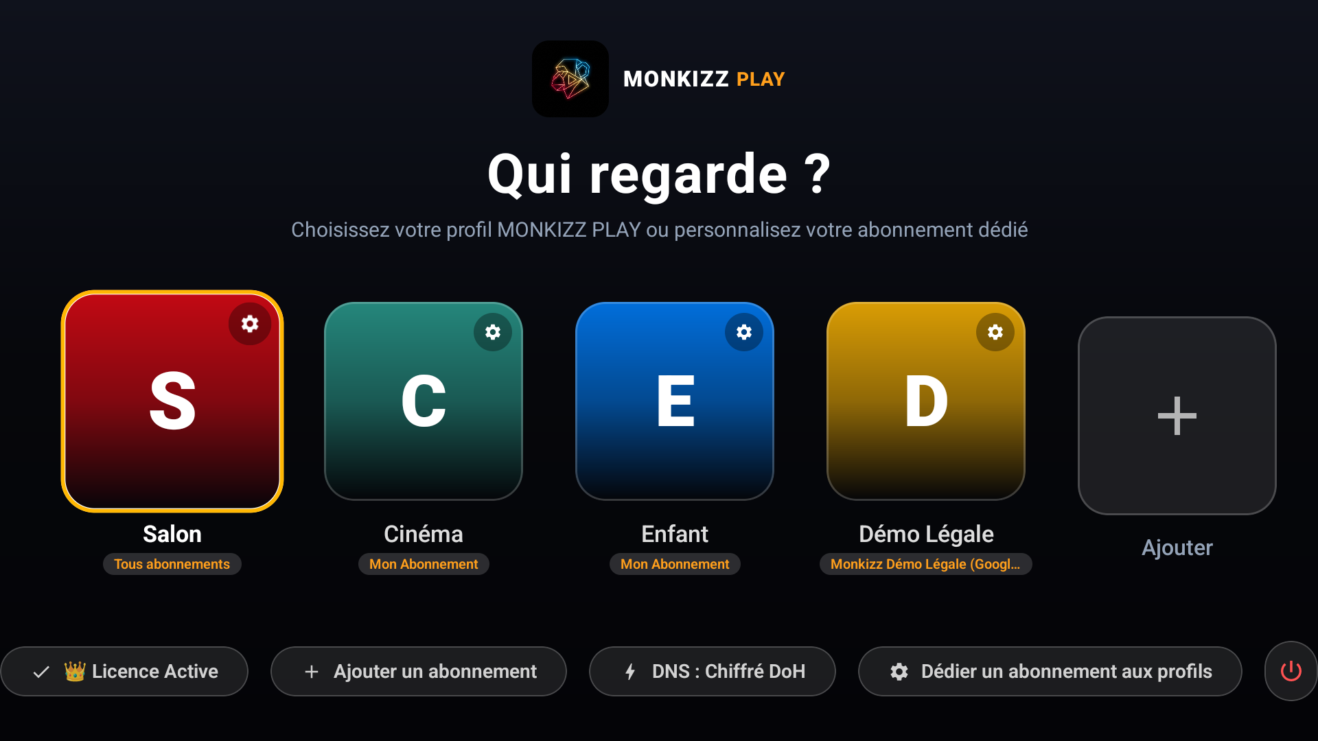 Écran de sélection des profils Monkizz Play